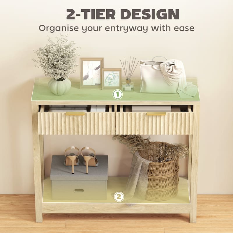 HOMCOM 35" Modern Console Table with Storage, Narrow Entryway Table with Fluted Panel Drawers and Shelf for Hallway,Natural Wood