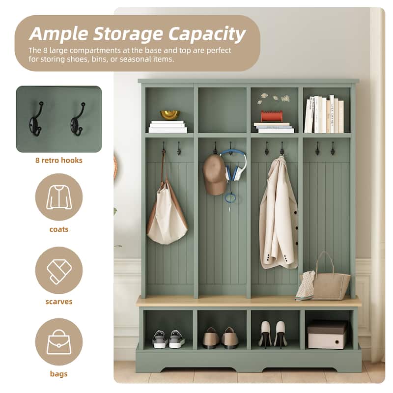 Farmhouse 59" Wide Hall Tree with 8 Hooks - Entryway Bench with Storage, 76.7" Tall Wooden Coat & Shoe Rack for Mudrooms.