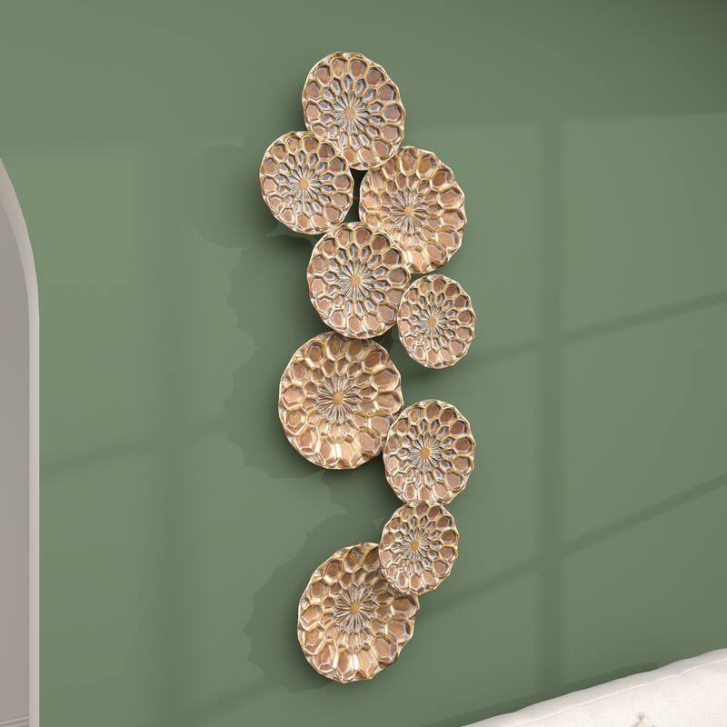 Gold Metal Embossed Floral Plate Home Wall Decor with Teal Accents