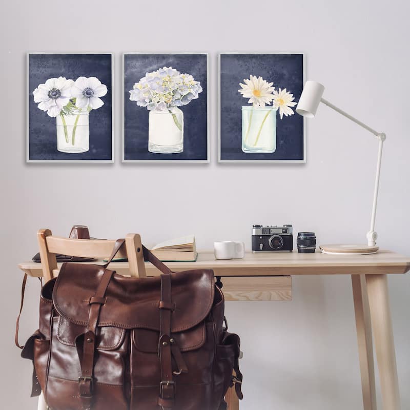 Stupell Farmhouse Flower Bouquets Navy Blue White Painting,3pc,3pc Multi Piece Framed Wall Art Set