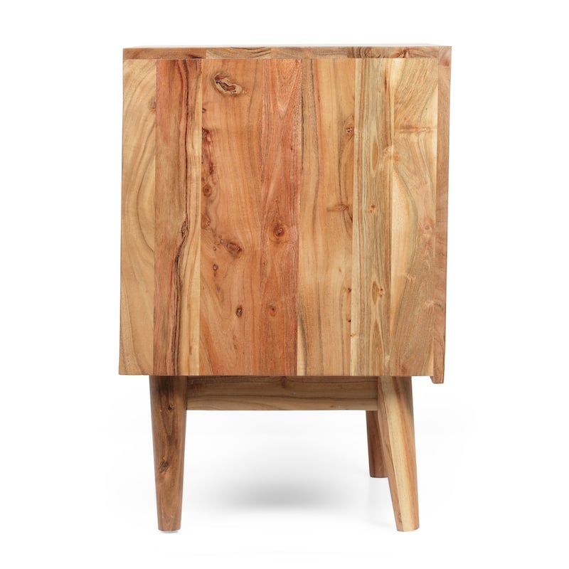 Roomfitters Mid Century Modern Bedside Table, Solid Wood Nightstand with Textured Door and Tapered Legs, Natural
