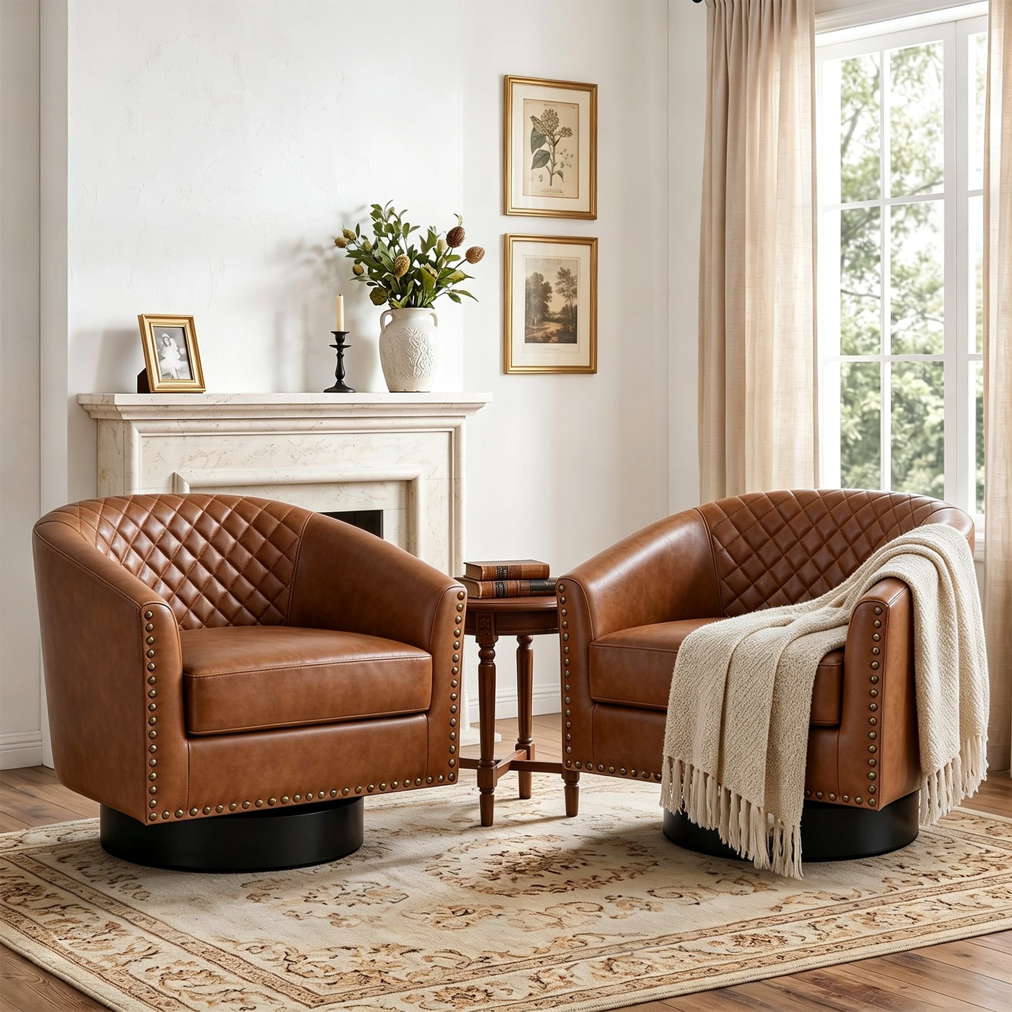 Upholstered Faux Leather Tufted Swivel Barrel Chair With Solid Wood Base