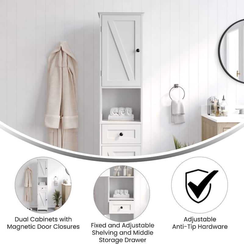 Farmhouse Freestanding Linen Tower with Shelves, Drawer, and Doors