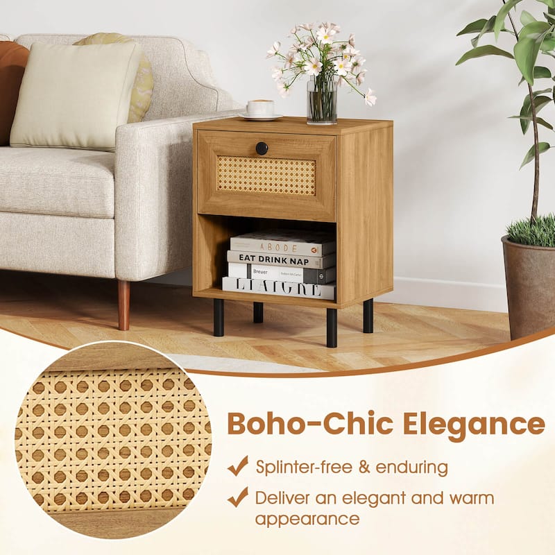 Costway 1/2 PCS Rattan Nightstand Boho End Table with Drawer & Open - See Details