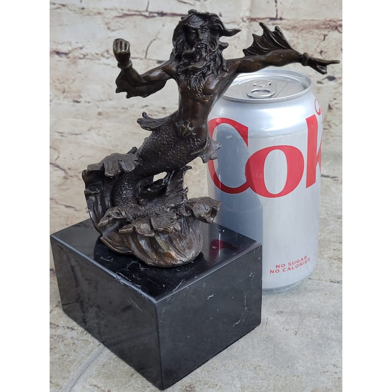 Signed Poseidon God Of Sea Bronze Bookend Book End Sculpture Marble Base Statue