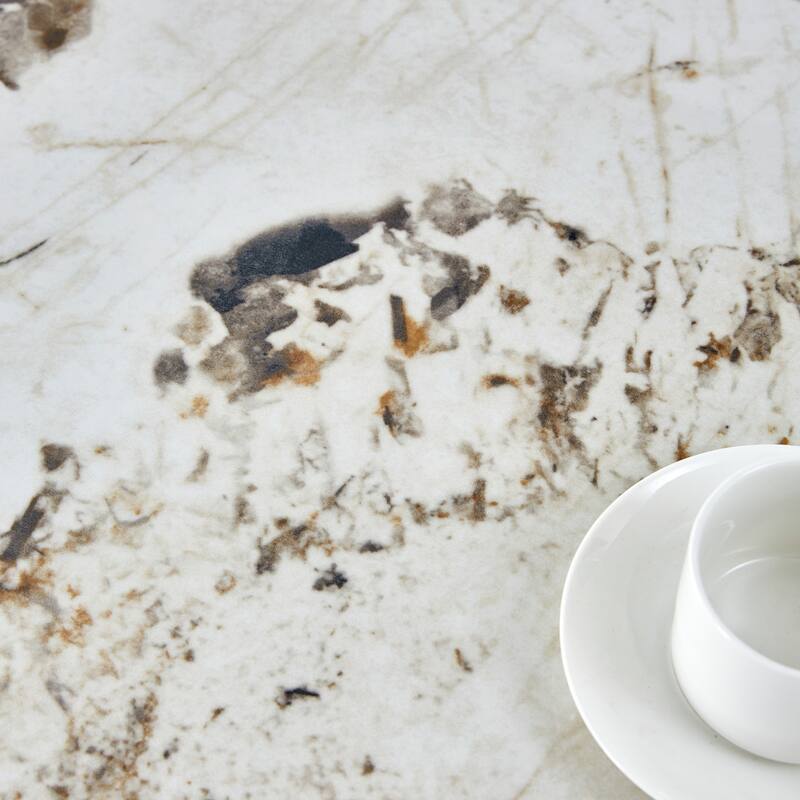 Marble-Patterned Slab Dining Table with Stainless Steel Butterfly Legs，The tabletop is designed to be scratch and heat resistant