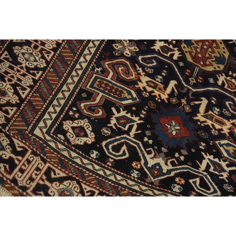 Hand Knotted Oriental 100% Wool Carpet Traditional Tribal Navy Blue & Blues Kazak Runner Rug - 8' 11'' X 4' 5''
