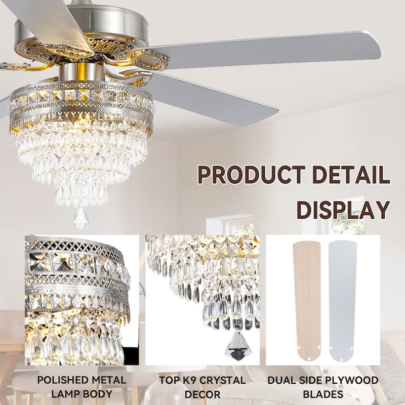 52 Inches Crystal Ceiling Fan Light,Chandelier,APP and Remote Control,5 Dual Side Plywood Blades,Reversible AC Motor - 52 Inches