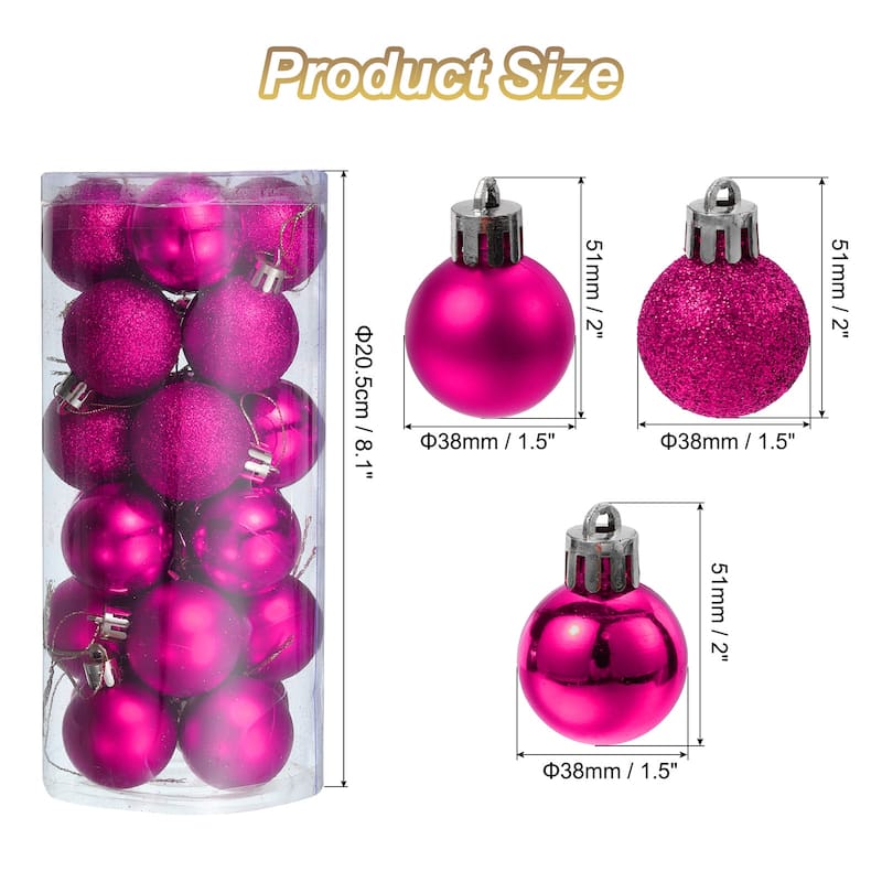 24Pcs 1.5" Christmas Balls Ornaments Shatterproof Hanging Balls Set - Rose Red