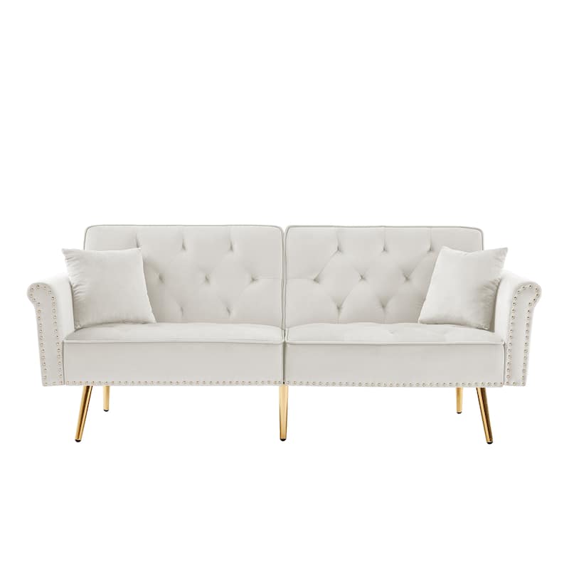 Velvet Loveseat, Upholstered Deep Seat Sofa with 2 Pillows and Nailhead Trim, 2-Seat Armchair Tufted Sofa with Metal Legs