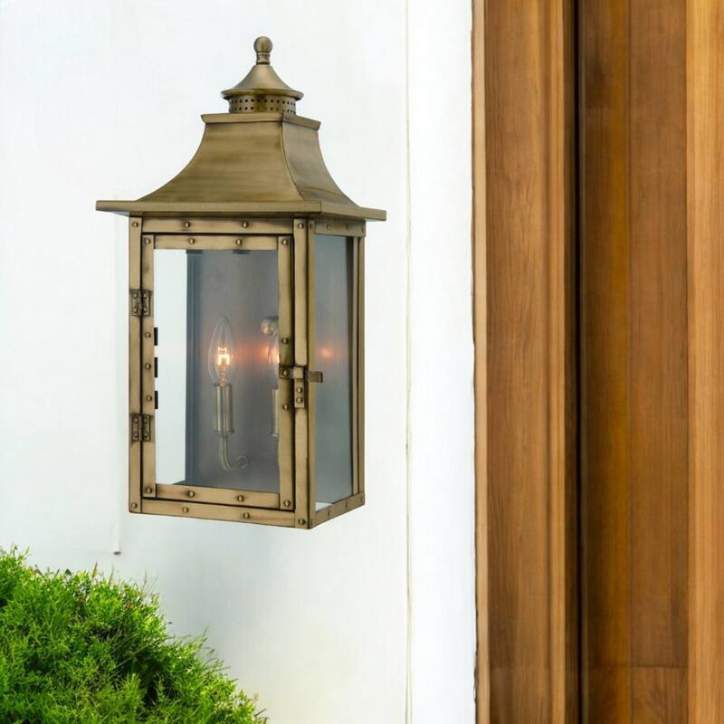 2-Light Patina Wall Light Gas Lantern Style Clear Glass - 7” x 10” x 19.75” - Brass