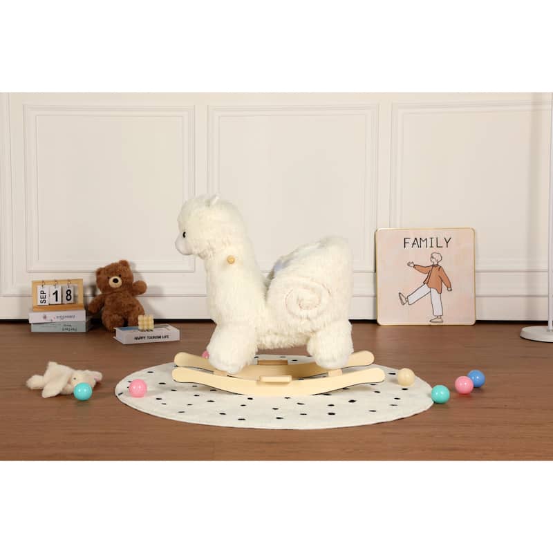 Kids Ride-On Rocking Horse Toy with Lullaby Song, Rocking Toy with Hand Puppets & Safety Belt