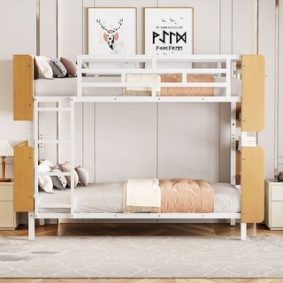 Twin Over Twin Metal Bunk Bed with Ladder, Full-Length Guardrail, Storage Shelves, No Box Spring Needed, Easy Assembly, White