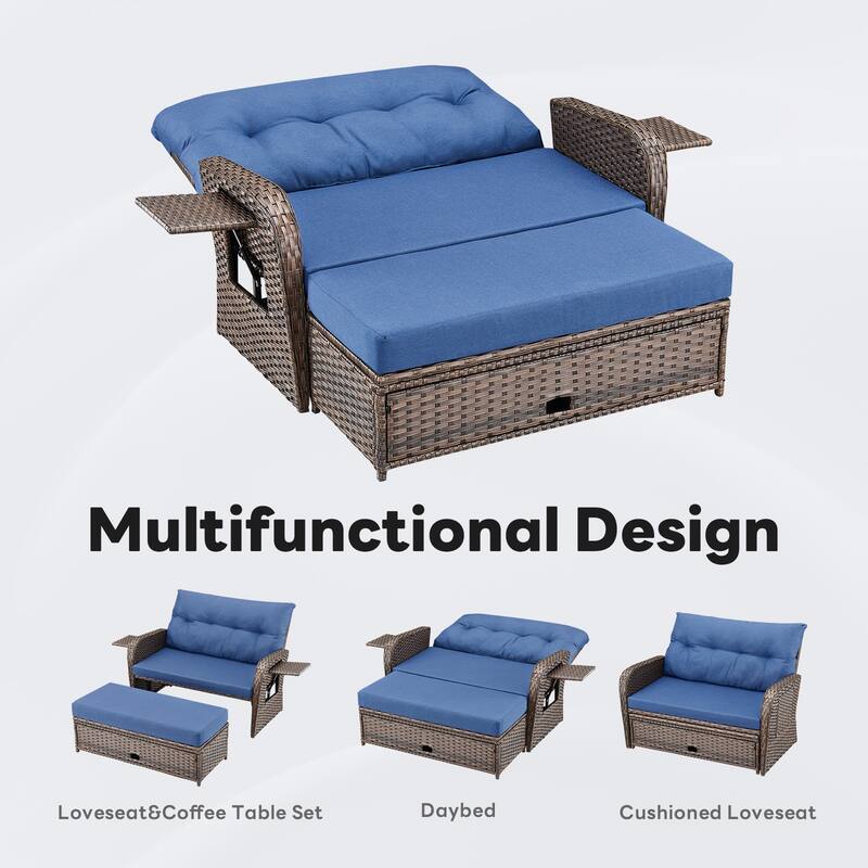 Outdoor Double Chaise Lounger with Soft Ottoman - Brown