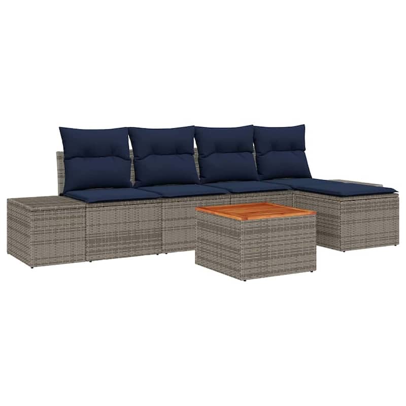 vidaXL 6 Garden Sofa Set with Cushions Black/Grey Poly Rattan - 115.7 x 24.4 x 27.2