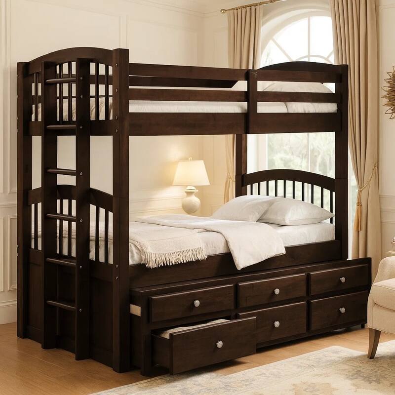 Wooden Twin/Twin Bunk Bed & Trundle with 3 Drawers, Brown