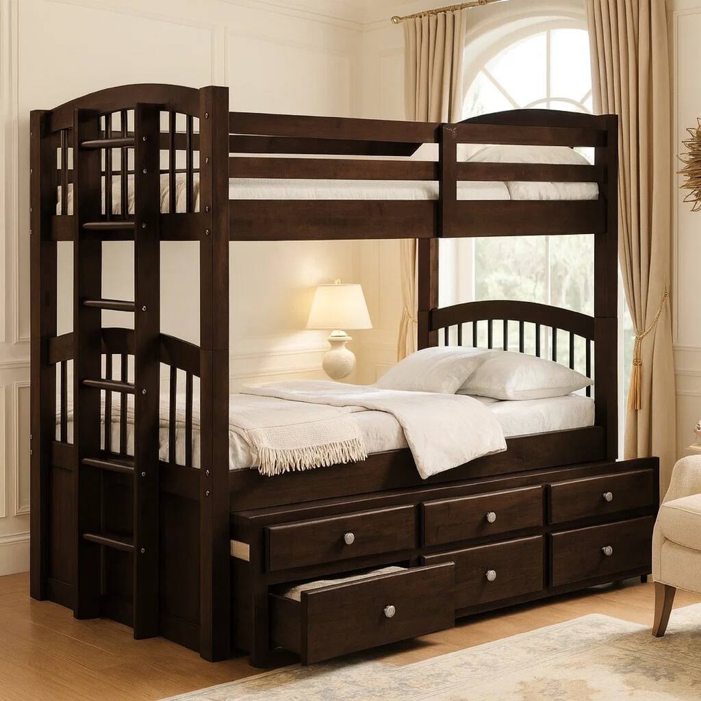 Wooden Twin/Twin Bunk Bed & Trundle with 3 Drawers, Brown