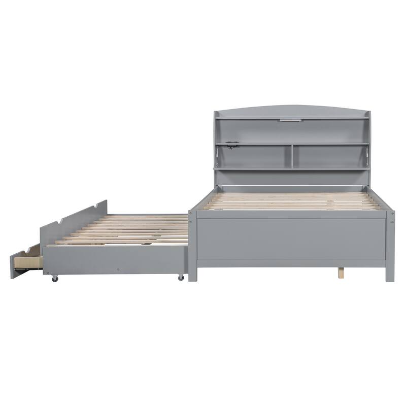 Full Size Wooden LED Platform Bed with Trundle, Storage Headboard Modern Floor Standing Bed Frame with Drawers