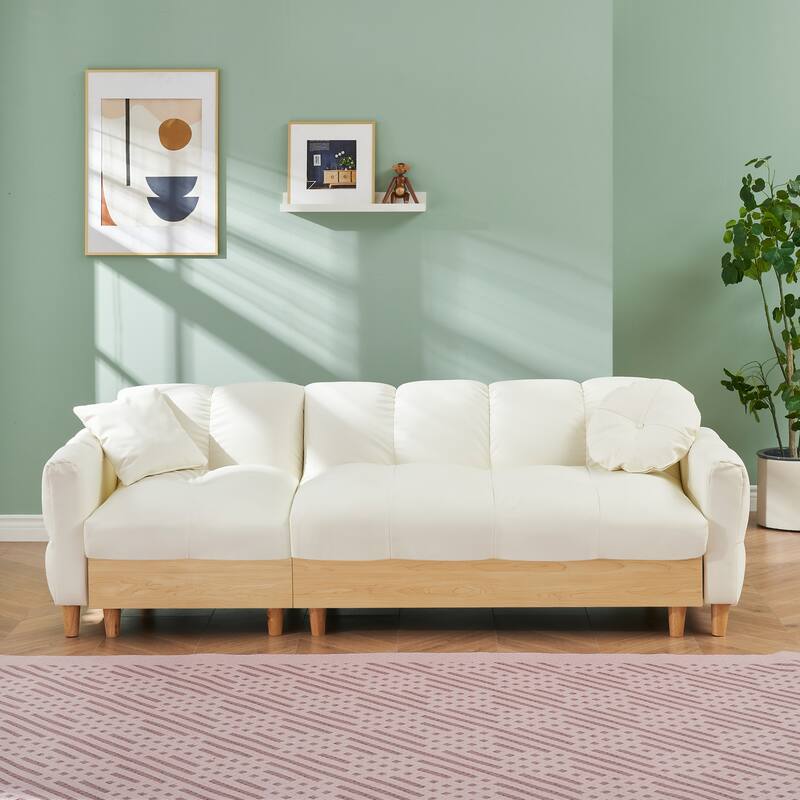 3-Seater Teddy Fabric Sleeper Sofa with Pull-Out Bed, Beige Couch with Storage and Gold Legs - Beige