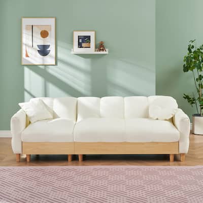 3-Seater Teddy Fabric Sleeper Sofa with Pull-Out Bed, Beige Couch with Storage and Gold Legs