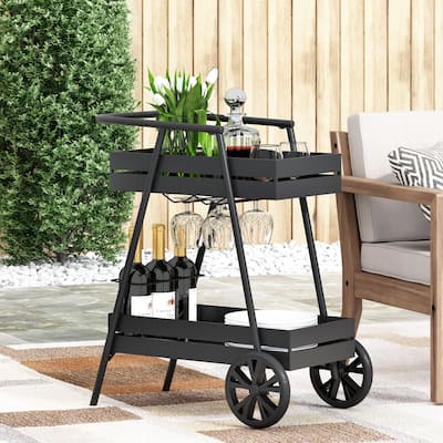 Roomfitters Outdoor Metal Rolling Bar Cart with Wine Glass Holders and Bottle Storage, Modern Black