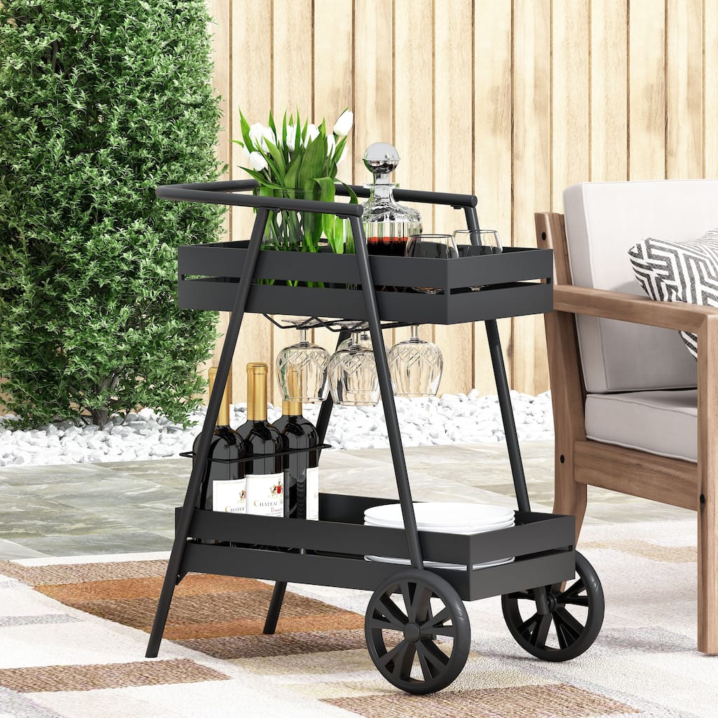 Roomfitters Outdoor Metal Rolling Bar Cart with Wine Glass Holders and Bottle Storage, Modern Black