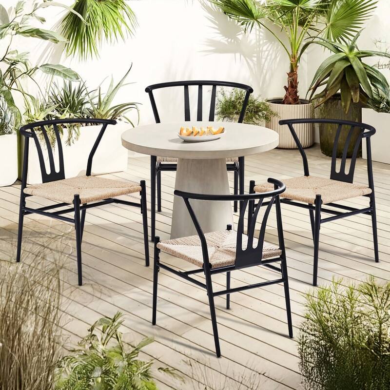 Black Metal and Rope Patio Dining Chair (Set of 4) - N/A