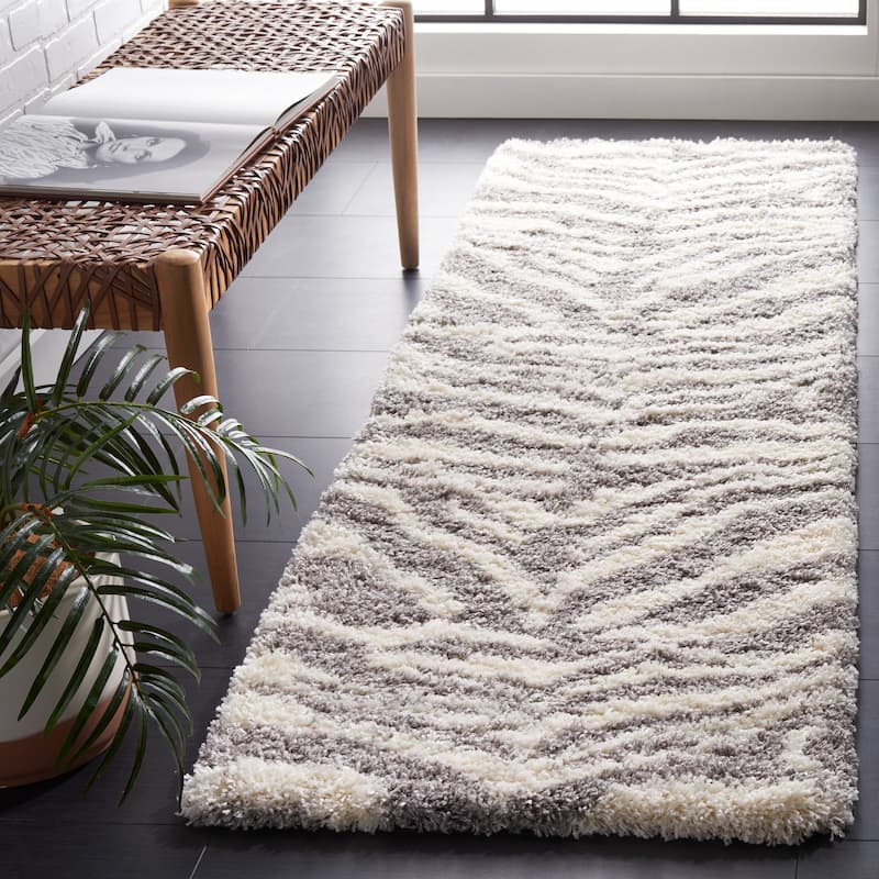 SAFAVIEH Portofino Shag Sjouk 2-inch Thick Rug - 2'3" x 11' Runner - Ivory/Grey