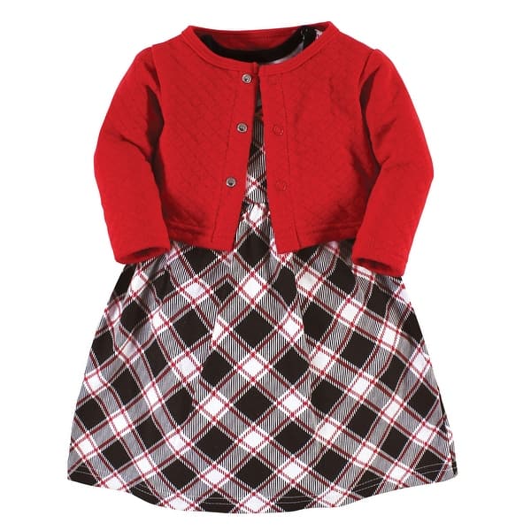slide 1 of 1, Hudson Baby Toddler and Baby Girl Quilted Cardigan and Dress, Black Red Plaid 2T - Black Red Plaid