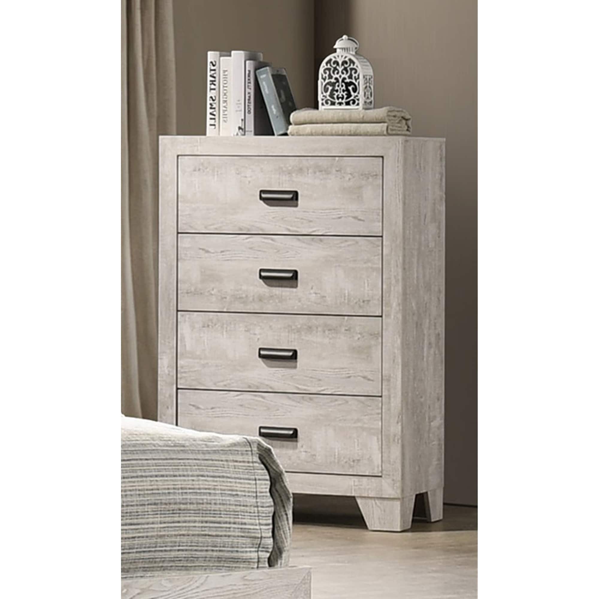 Transitional Whitewashed 4-Drawer Tall Chest with Metal Hardware
