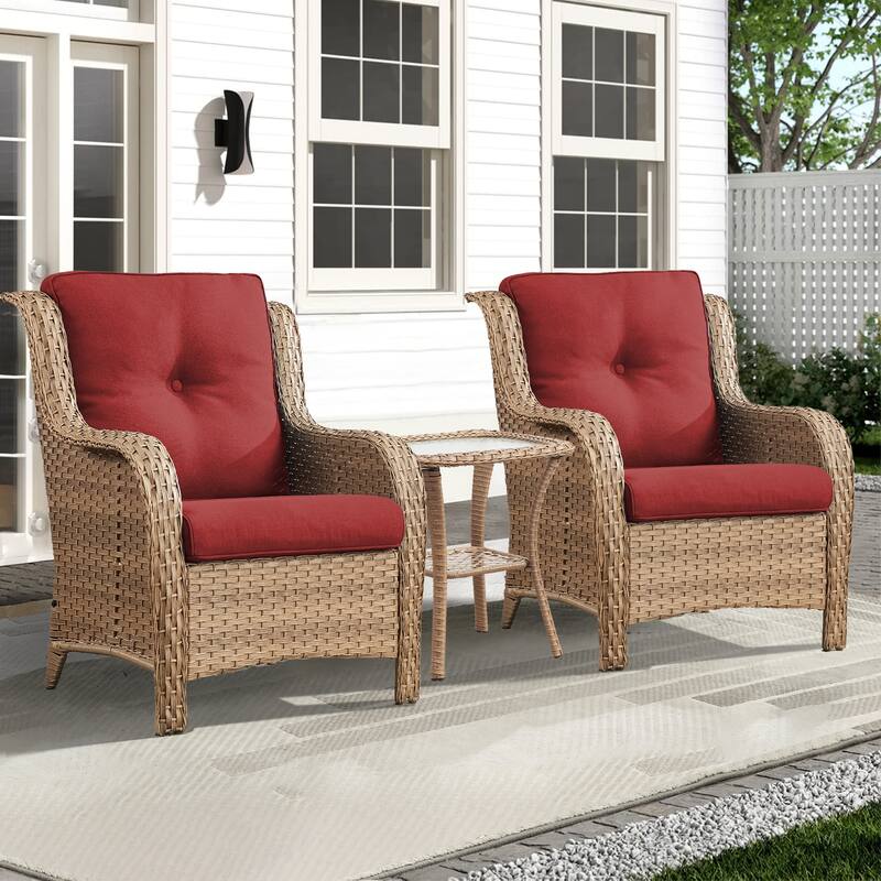 Outdoor Arm Chair with Cushion Rattan Chair - Yellow Rattan - Red Cushion - 3PCS - Patio Chair w/ Table
