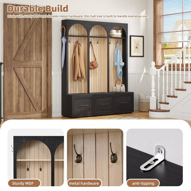 Farmhouse Wooden Hall Tree with Arched Design,8 Retro Hooks and 3 Drawers