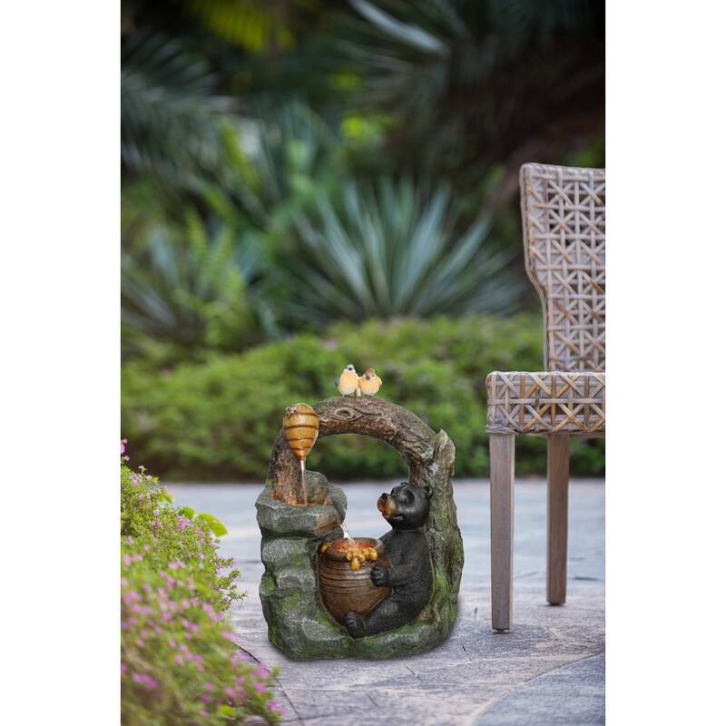 18.5x11.8x22.6" Decorative Two-Tiered Water Fountain with Woodland Animal Design, Outdoor Fountain with Light and Pump