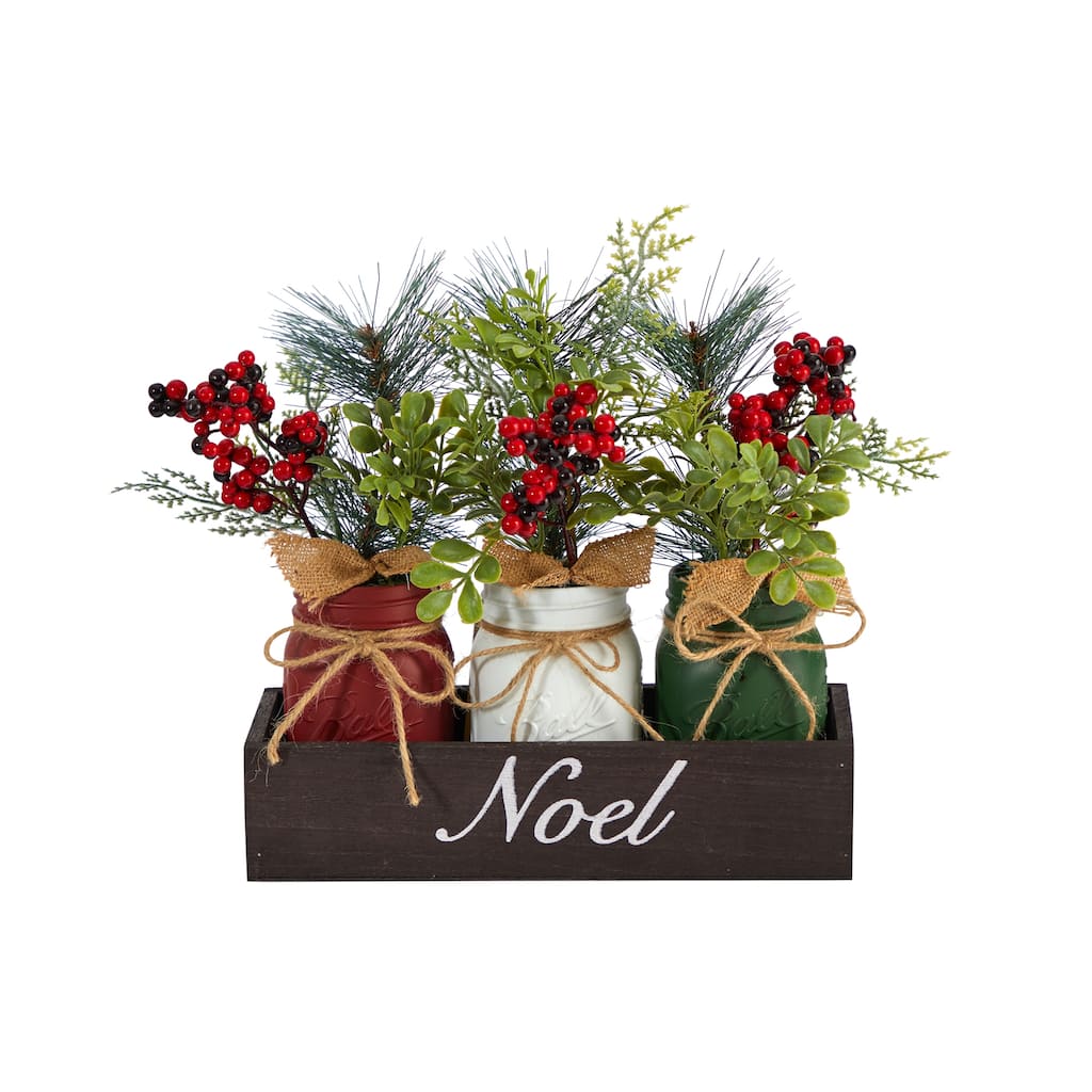 12" Holiday Winter Pine and Berries Three Piece Mason Jar "Noel" Table Christmas Artificial Arrangement Décor - 10