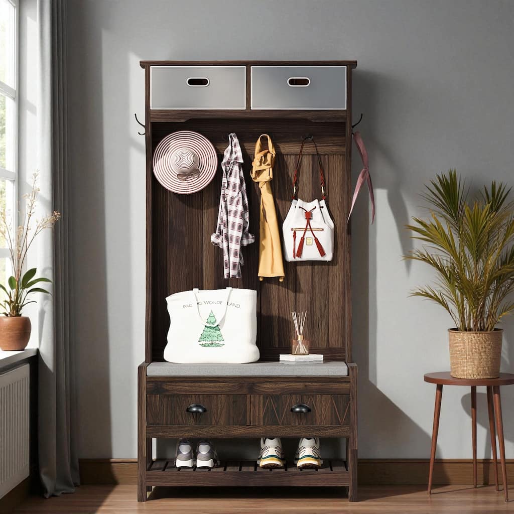 69'' H Hall Tree with 6 Hooks, Bench & Drawers, 3-in-1 Entryway Storage Organizer with Shoe Shelf for Hallway
