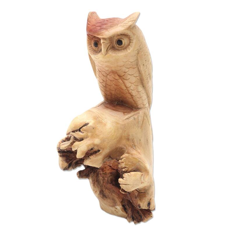 Wood sculpture, 'Silent Owl' - 7.75" H x 3.9" W x 2.8" D