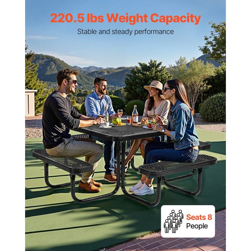 75.8" Black Picnic Square Dining Table with Built-in Umbrella Hole and Metal Frame for 6-8 People - 75.8 x 75.8 x 29.33 in