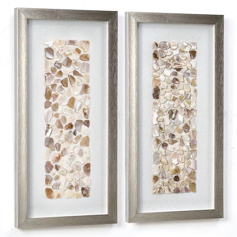 American Art Decor Neutral Seashell Mosaic 3D Textured Wall Art Panel with Champagne Frame, 2 Piece Set - Coastal Beach Decor - Pearl