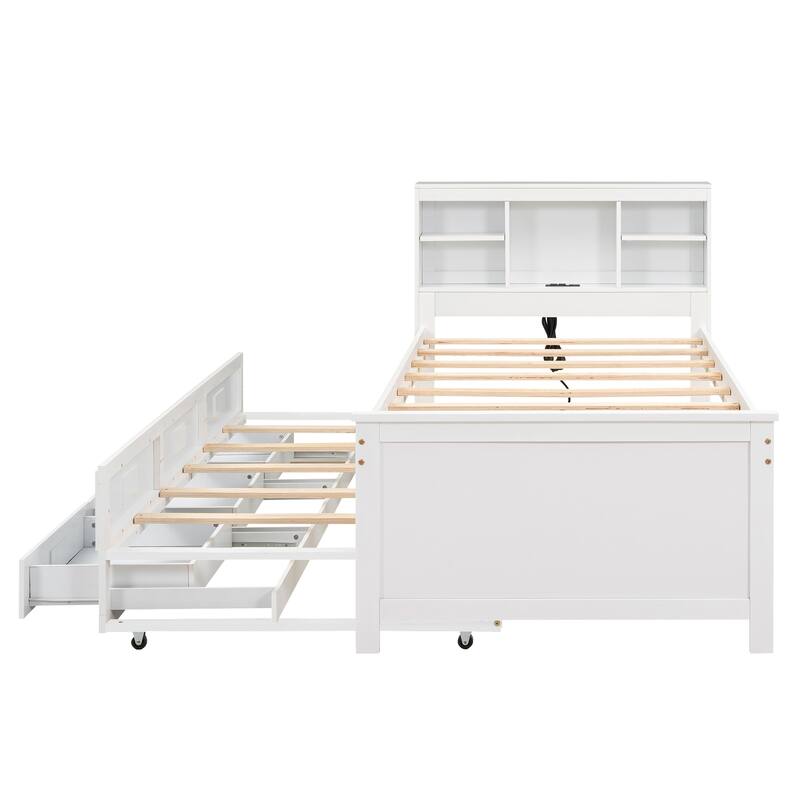 Twin Size Platform Bed with Storage Headboard and USB, Pull-out Trundle Bed and Drawers Storage Bed for Bedroom, Apartment
