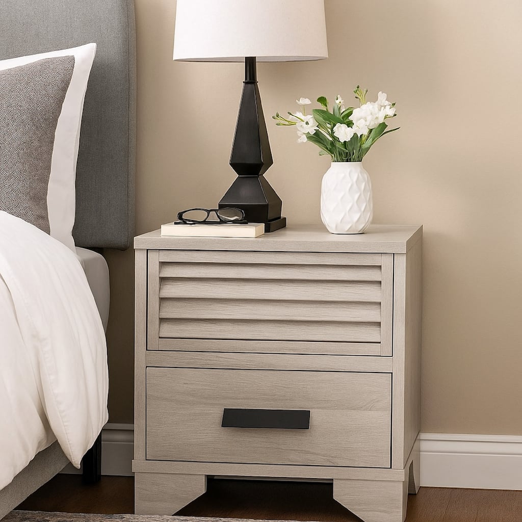 Sary Nightstand, 2 Drawers, Black Finger Handles, Off White Wood