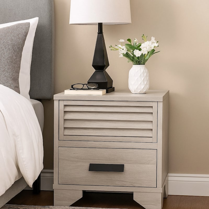 Sary Nightstand, 2 Drawers, Black Finger Handles, Off White Wood