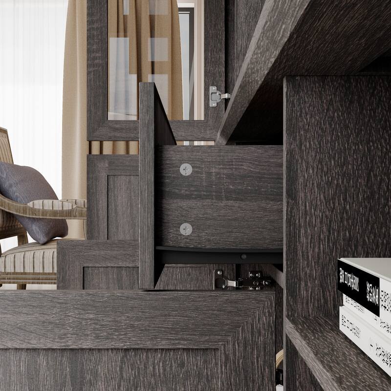 Modular Glass Door Bookcase Wall Unit with Storage Cabinets and Drawers, Dark Oak Display Hutch for Living Room or Home Office