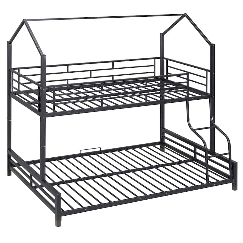 Metal House Bunk Bed with Roof, Ladder, and Fence for Kids