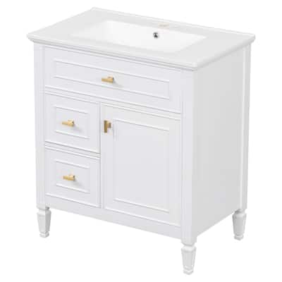 30" White Bathroom Vanity Cabinet with Sink, Flip Drawer, Adjustable Shelf and 2 Drawers - 30 in.W x 18.4 in.D x 33.7 in.H