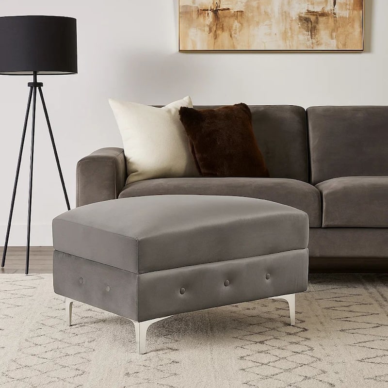 Anzo 32 Inch Square Ottoman, Button Tufting, Chrome Plated Steel Legs, Gray