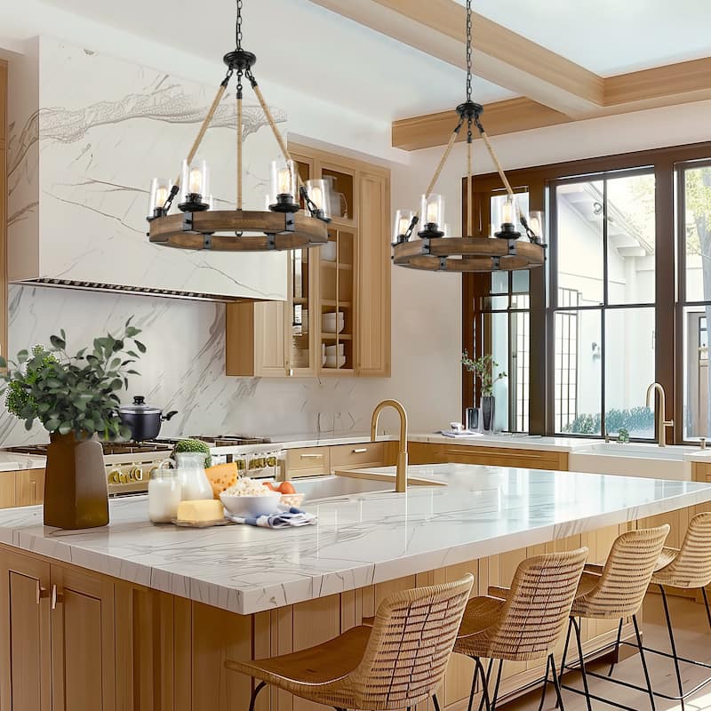 Carbon Loft Farmhouse 6-Light Wagon Wheel Wood Chandelier for Dining Room