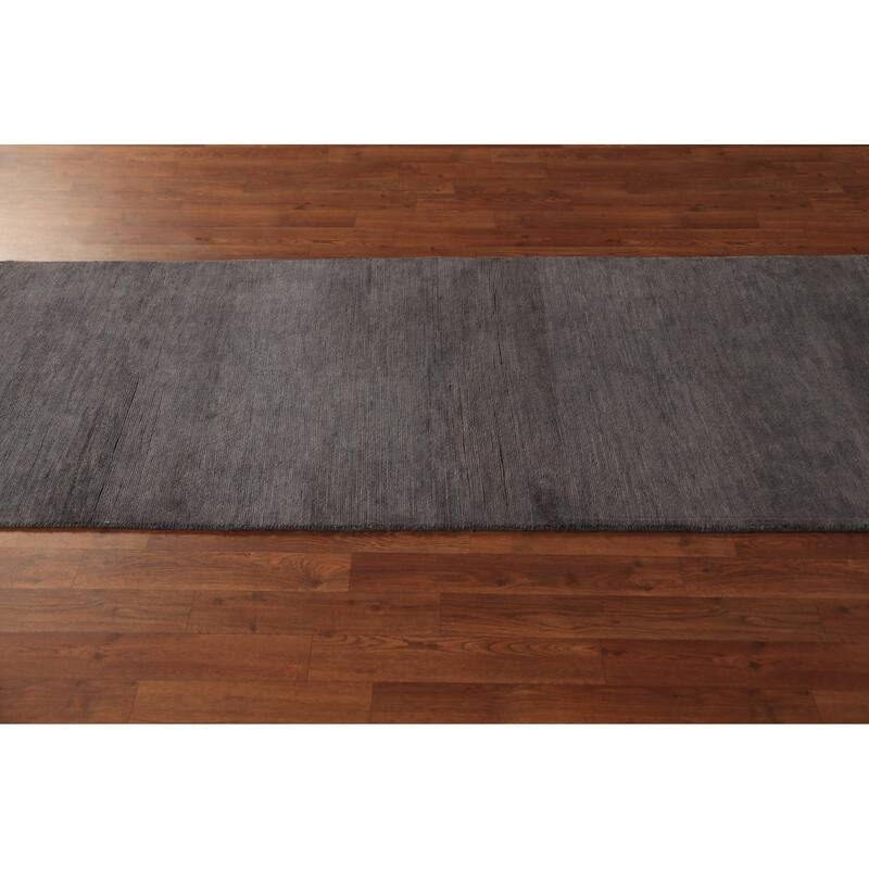 Hand Knotted Oriental 100% Wool Carpet Modern Solid Greys & Charcoal Gabbeh Runner Rug - 9' 9'' X 2' 10''