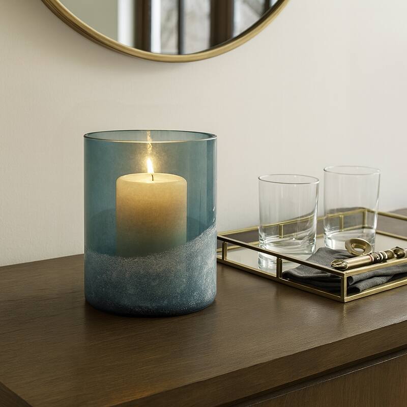 Glass Frosted Bottom Hurricane Candle Holder - Blue - 7.0"