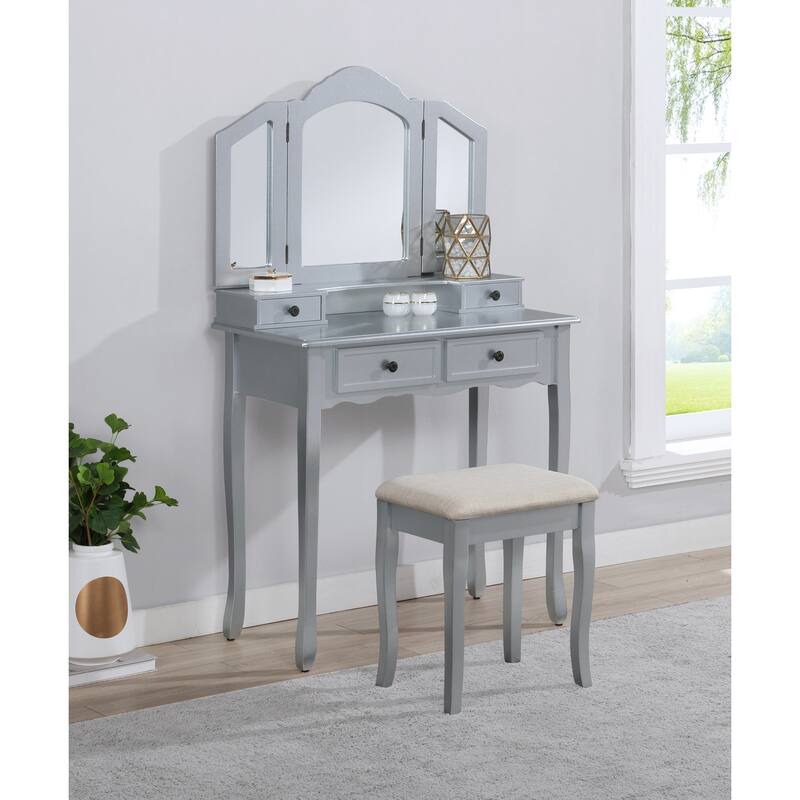 Wooden Vanity Table and Upholstered Stool Set, with 3-Panel Mirror and Ample Storage Drawers - Silver