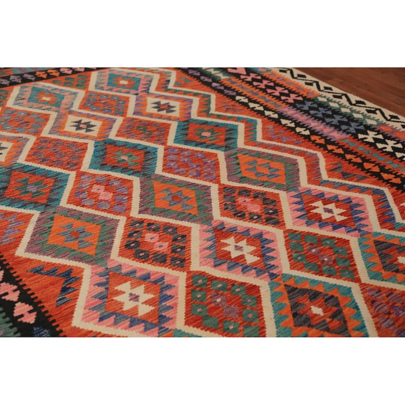 Orange Kilim Oriental Area Rug Hand-Woven Tribal Wool Carpet - 8'5"x 11'5"